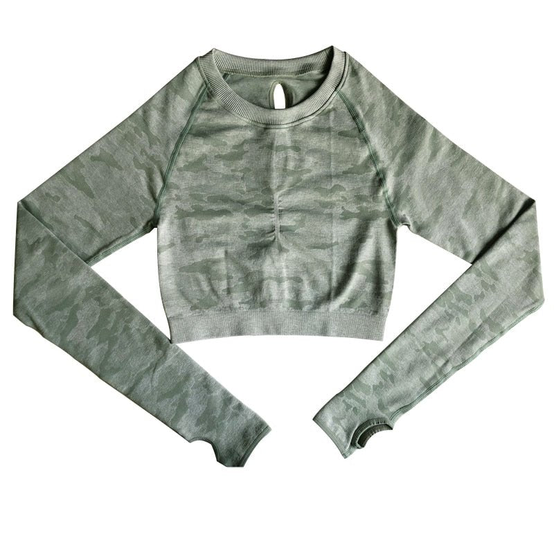 Camo Seamless O-Neck Shirts Women Gym Long Sleeves Running Sport Shirts Women Fitness Top Workout Tops-3