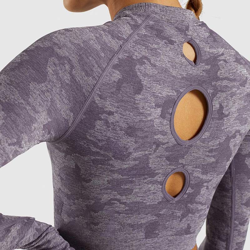 Camo Seamless O-Neck Shirts Women Gym Long Sleeves Running Sport Shirts Women Fitness Top Workout Tops-5
