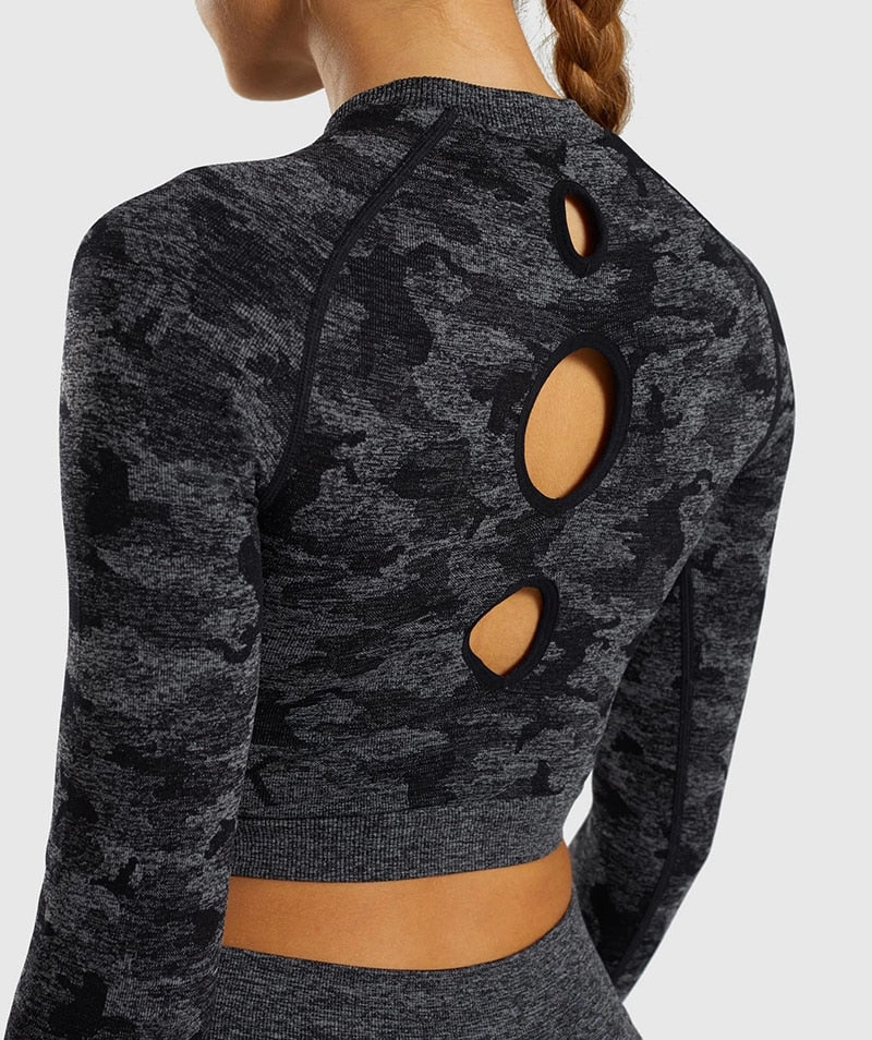 Camo Seamless O-Neck Shirts Women Gym Long Sleeves Running Sport Shirts Women Fitness Top Workout Tops-7