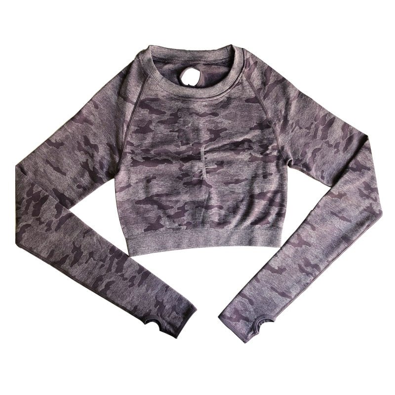 Camo Seamless O-Neck Shirts Women Gym Long Sleeves Running Sport Shirts Women Fitness Top Workout Tops-1