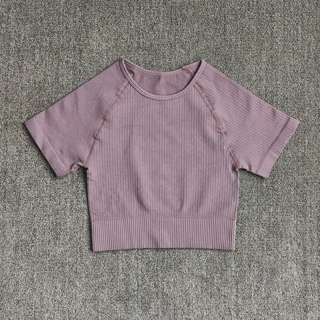 Women Yoga Shirts Short Sleeve Crop Top Gym Tops Fitness Running Workout Sport T-Shirts Sports Wear-6