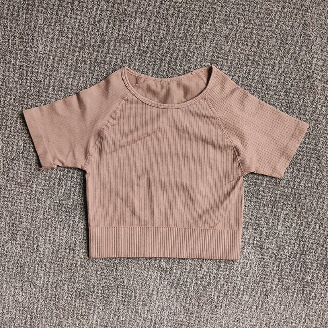 Women Yoga Shirts Short Sleeve Crop Top Gym Tops Fitness Running Workout Sport T-Shirts Sports Wear-12