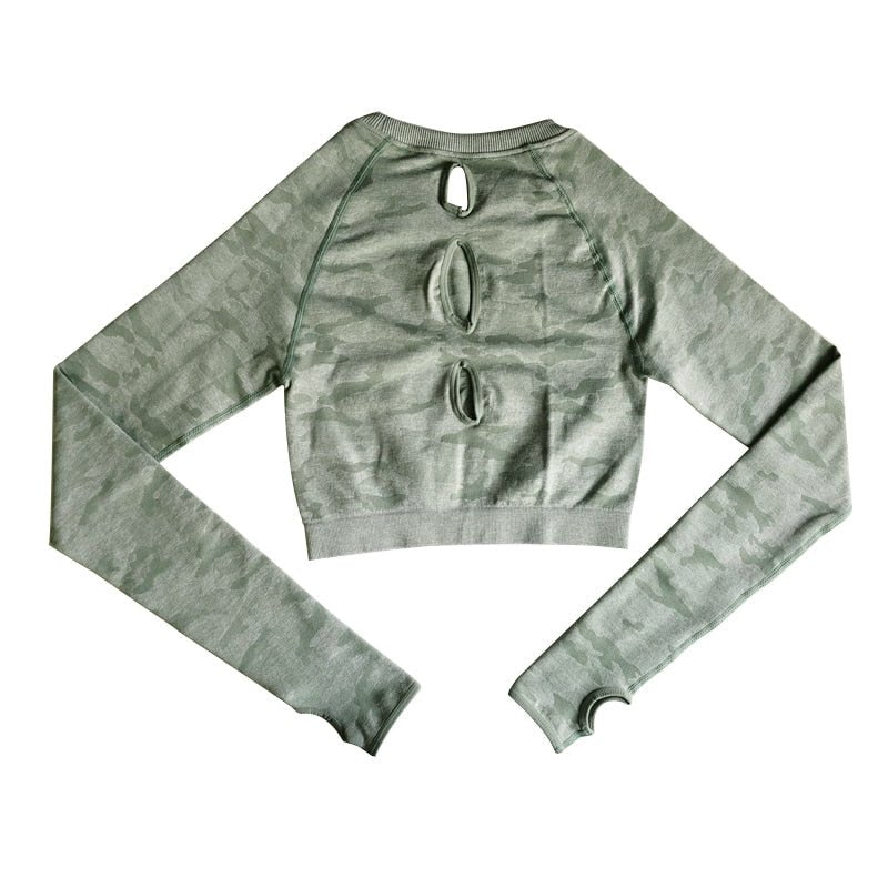 Camo Seamless O-Neck Shirts Women Gym Long Sleeves Running Sport Shirts Women Fitness Top Workout Tops-4