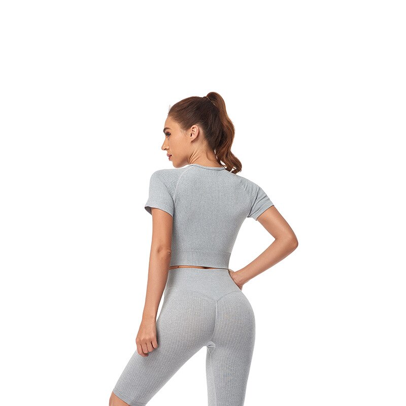 Women Yoga Shirts Short Sleeve Crop Top Gym Tops Fitness Running Workout Sport T-Shirts Sports Wear-3