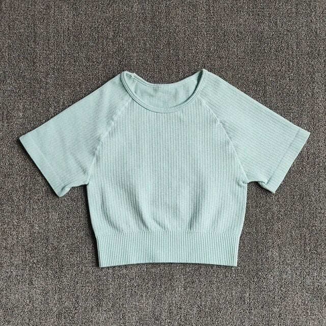 Women Yoga Shirts Short Sleeve Crop Top Gym Tops Fitness Running Workout Sport T-Shirts Sports Wear-9