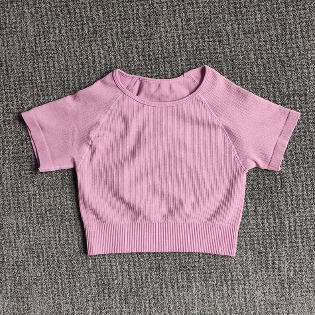 Women Yoga Shirts Short Sleeve Crop Top Gym Tops Fitness Running Workout Sport T-Shirts Sports Wear-8