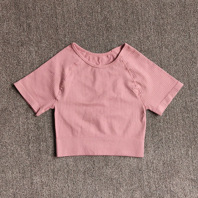 Women Yoga Shirts Short Sleeve Crop Top Gym Tops Fitness Running Workout Sport T-Shirts Sports Wear-13